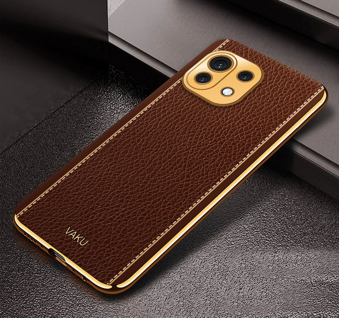 Vaku® Xiaomi Mi 11 Lite Luxemberg Series Leather Stitched Gold Electroplated Soft TPU Back Cover - Image 7