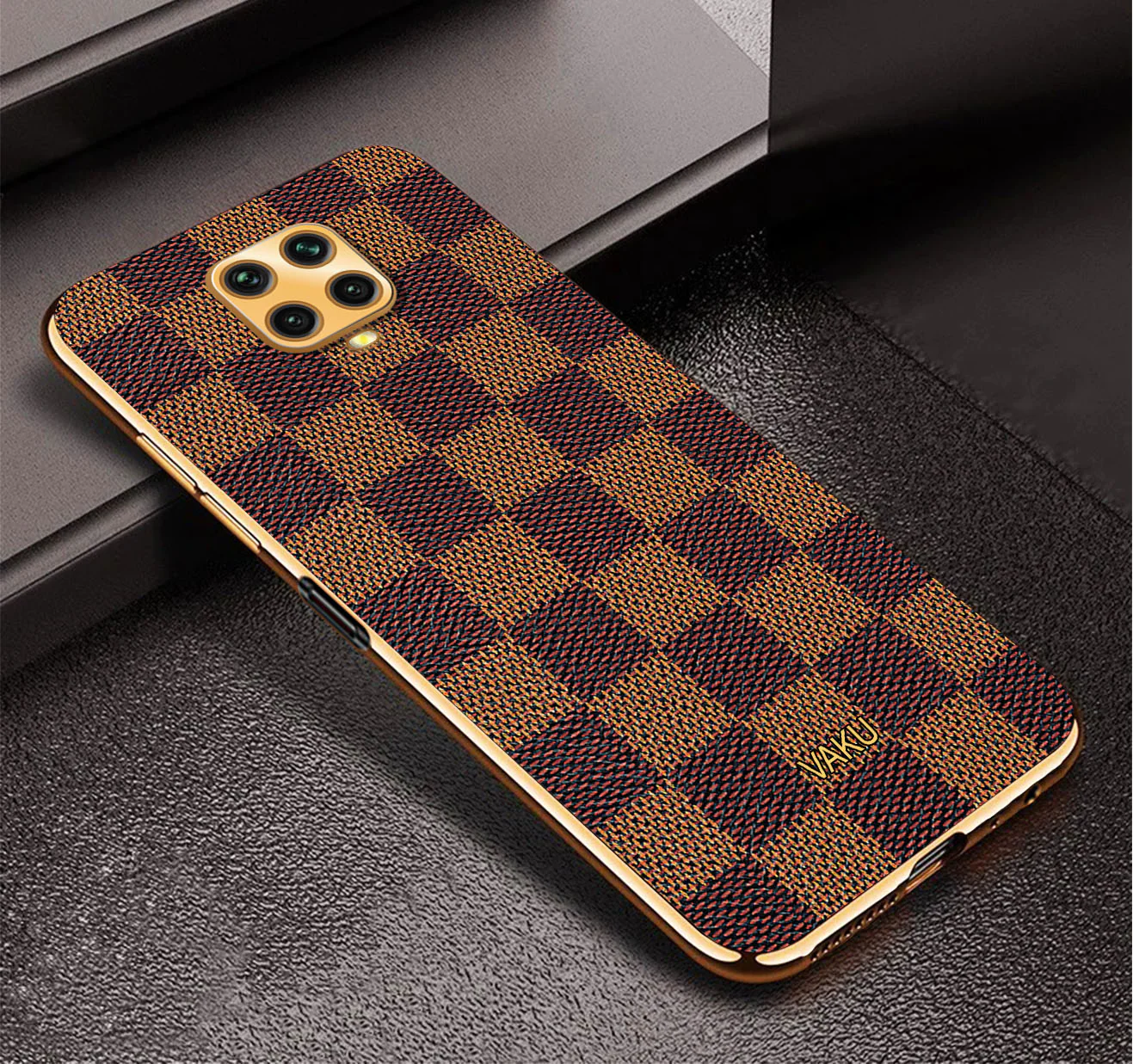 Vaku® Xiaomi Redmi Note 9 Pro Max Cheron Series Leather Stitched Gold Electroplated Soft TPU Back Cover - Image 3