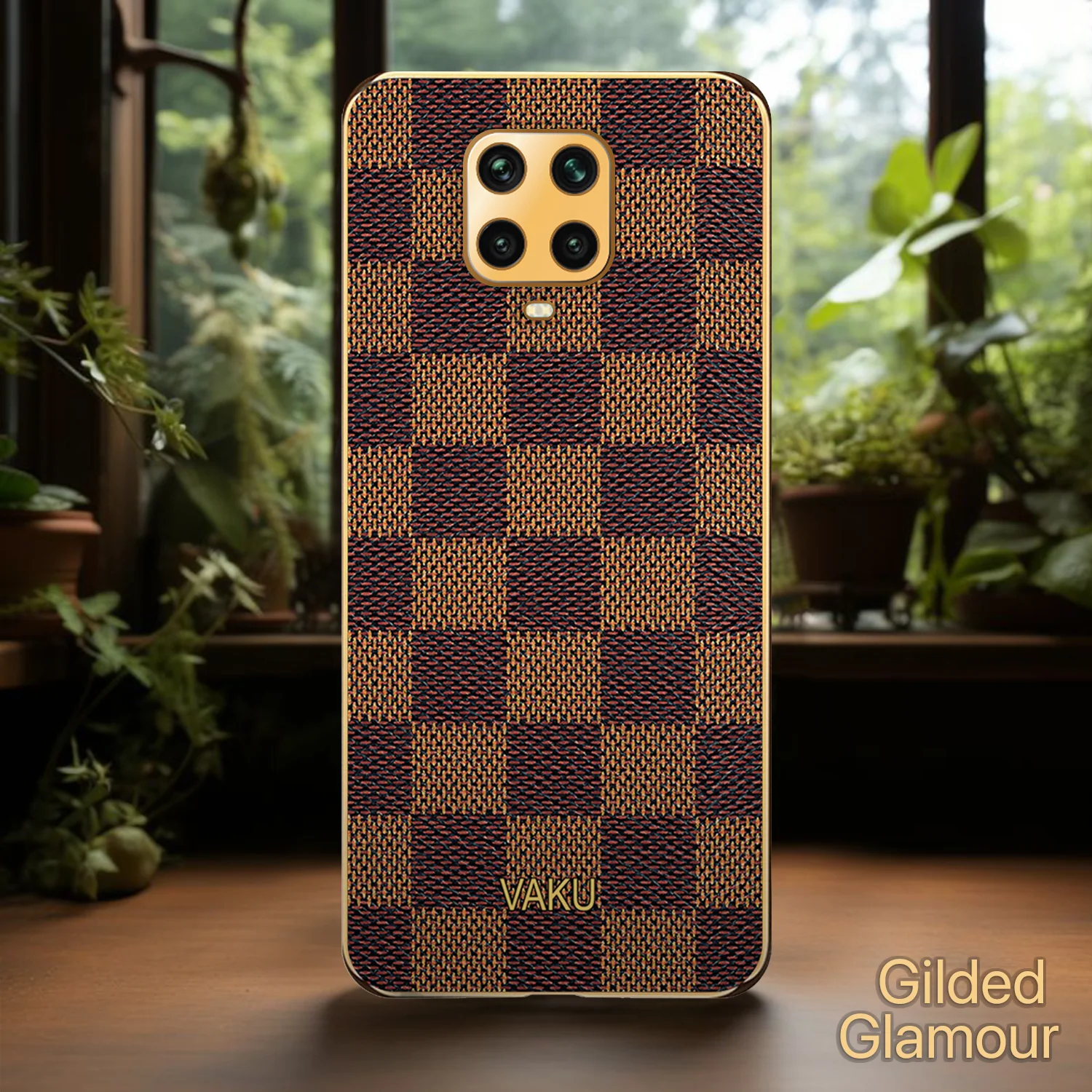 Vaku® Xiaomi Redmi Note 9 Pro Max Cheron Series Leather Stitched Gold Electroplated Soft TPU Back Cover - Image 5